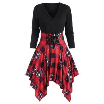 

Christmas Elk Plaid Print Lace Up Handkerchief Dress, Red