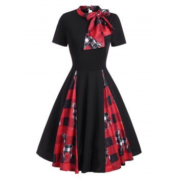 

Christmas Plaid Elk Print Bowknot Fit and Flare Dress, Black