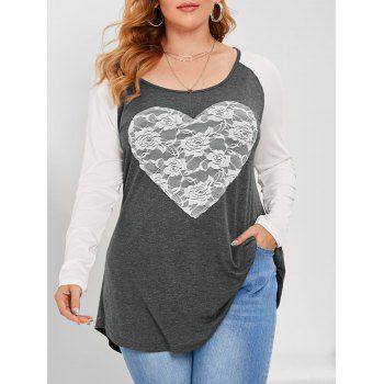 

Plus Size Raglan Sleeve Heart Lace T Shirt, Gray