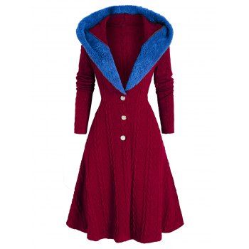 

Hooded Lace Up Faux Fur Insert Cable Knit Coat, Red wine