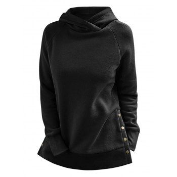 

Raglan Sleeve Snap Button Side Hoodie, Black