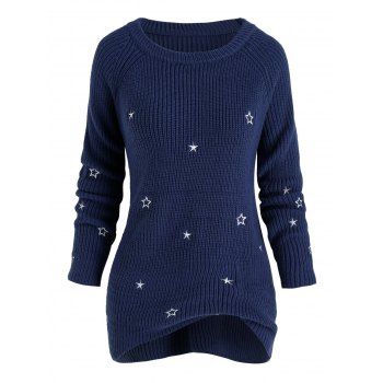 

Plus Size Star Embroidered Raglan Sleeve Sweater, Blue