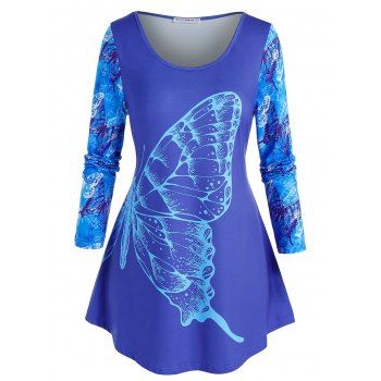 

Plus Size Butterfly Pattern Long Sleeve Tunic Tee, Blue