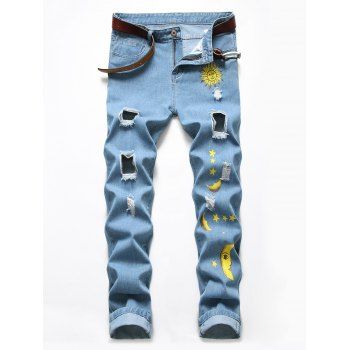 Image of Cartoon Sun Moon And Star Print Destroy Wash Jeans