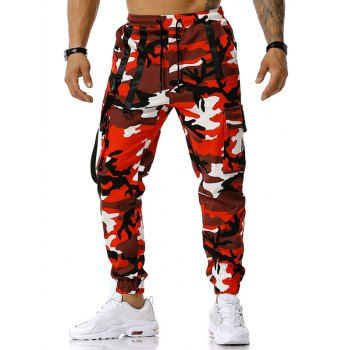 

Drawstring Camouflage Print Strap Cargo Pants, Red