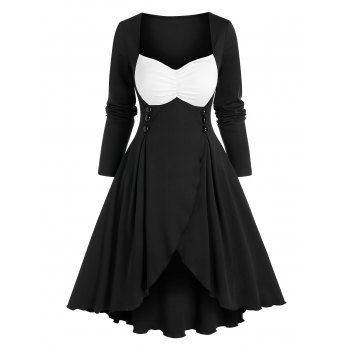

Mock Button Contrast Overlap Dress, Black