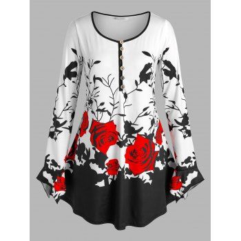 

Plus Size Flower Leaf Long Sleeve Ruffle Cuff Tee, Multicolor