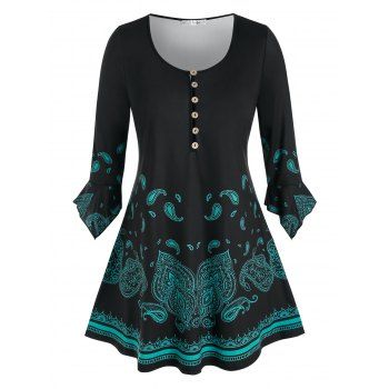 

Plus Size Paisley Half Placket Hanky Ruffle Cuff Long Tee, Black