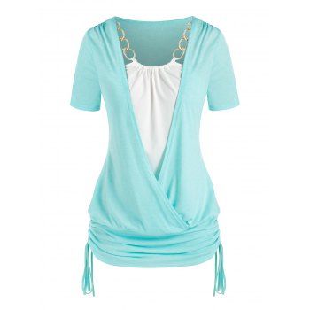 

Plus Size Chains Surplice Cinched Tie Short Sleeve Tee, Light aquamarine