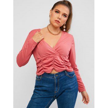 Plus Size Plunging Ribbed Ruched Crop T Shirt