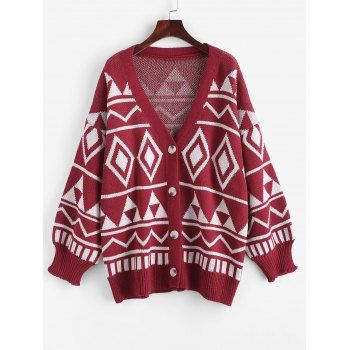 

Geo Graphic Button Up Oversize Cardigan, Red