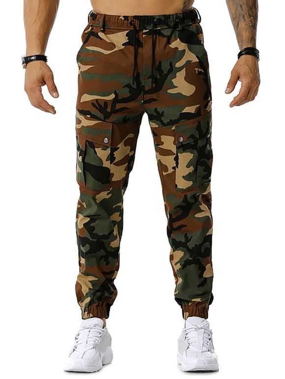 Pantalon Cargo de Jongging à Imprimé Camouflage à Cordon - Vert Armée M