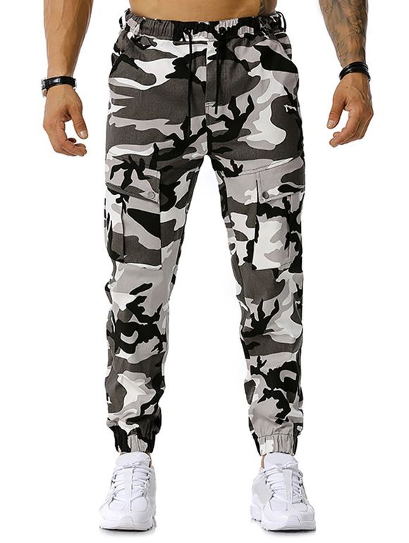 Pantalon Cargo de Jongging à Imprimé Camouflage à Cordon - Gris XXXL
