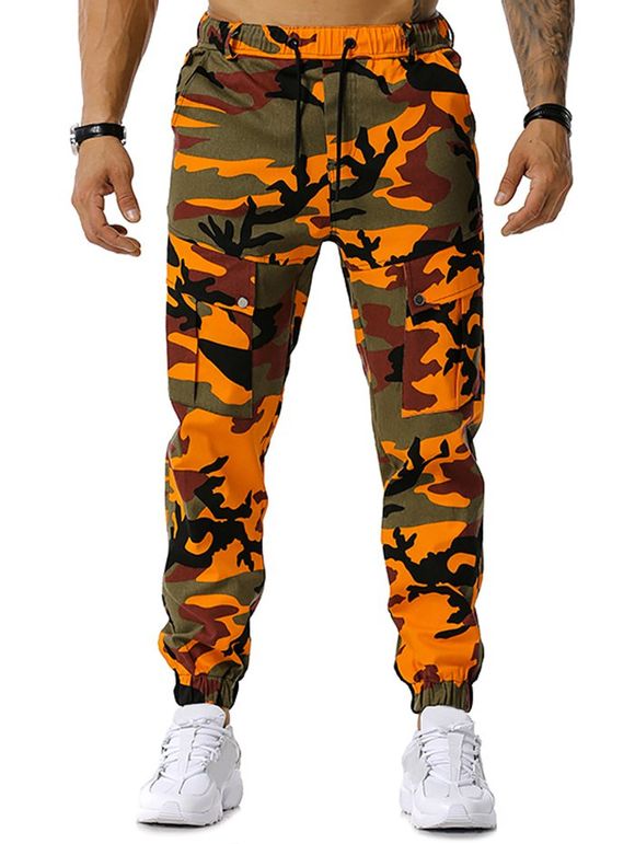 Pantalon Cargo de Jongging à Imprimé Camouflage à Cordon - Orange L