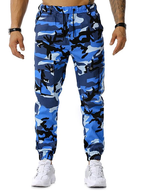 Pantalon Cargo de Jongging à Imprimé Camouflage à Cordon - Bleu XL