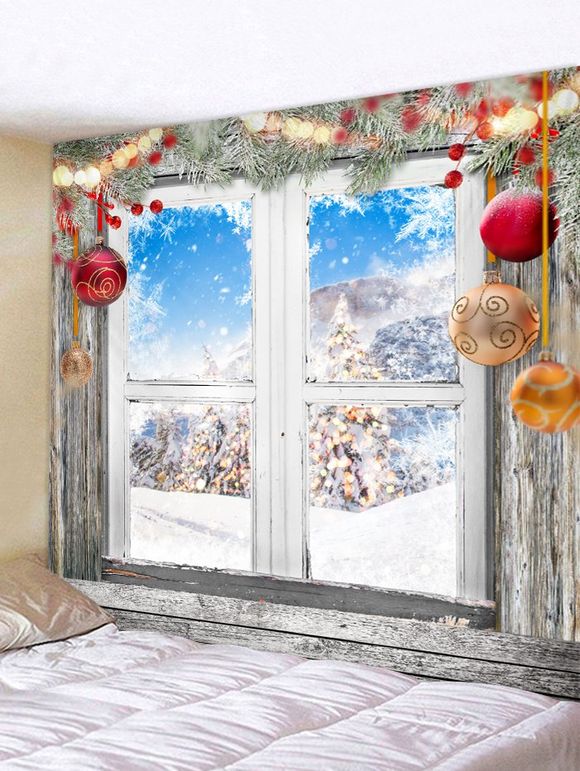 Tapisserie Murale Décorative à Imprimé Fenêtre et Neige de Noël - Oie grise W91 X L71 INCH