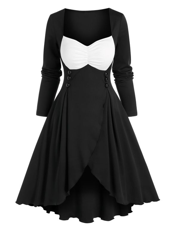 Robe Superposée Contrastée avec Bouton - Noir 2XL
