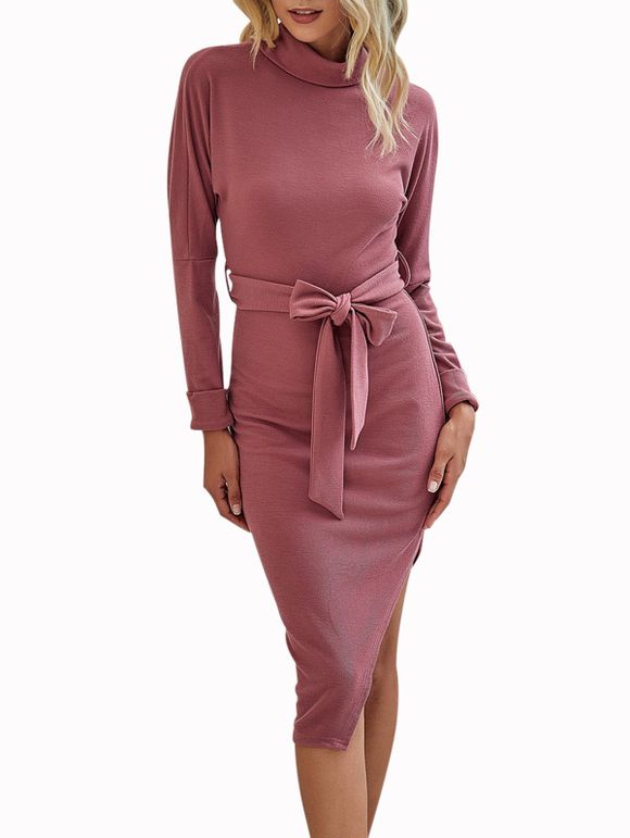 Robe Asymétrique en Tricot Côtelée à Manches Longues - Rose clair XL