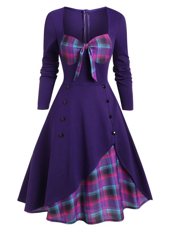 Robe Superposée à Carreaux Embelli de Bouton avec Nœud Papillon - Violet Terne XL