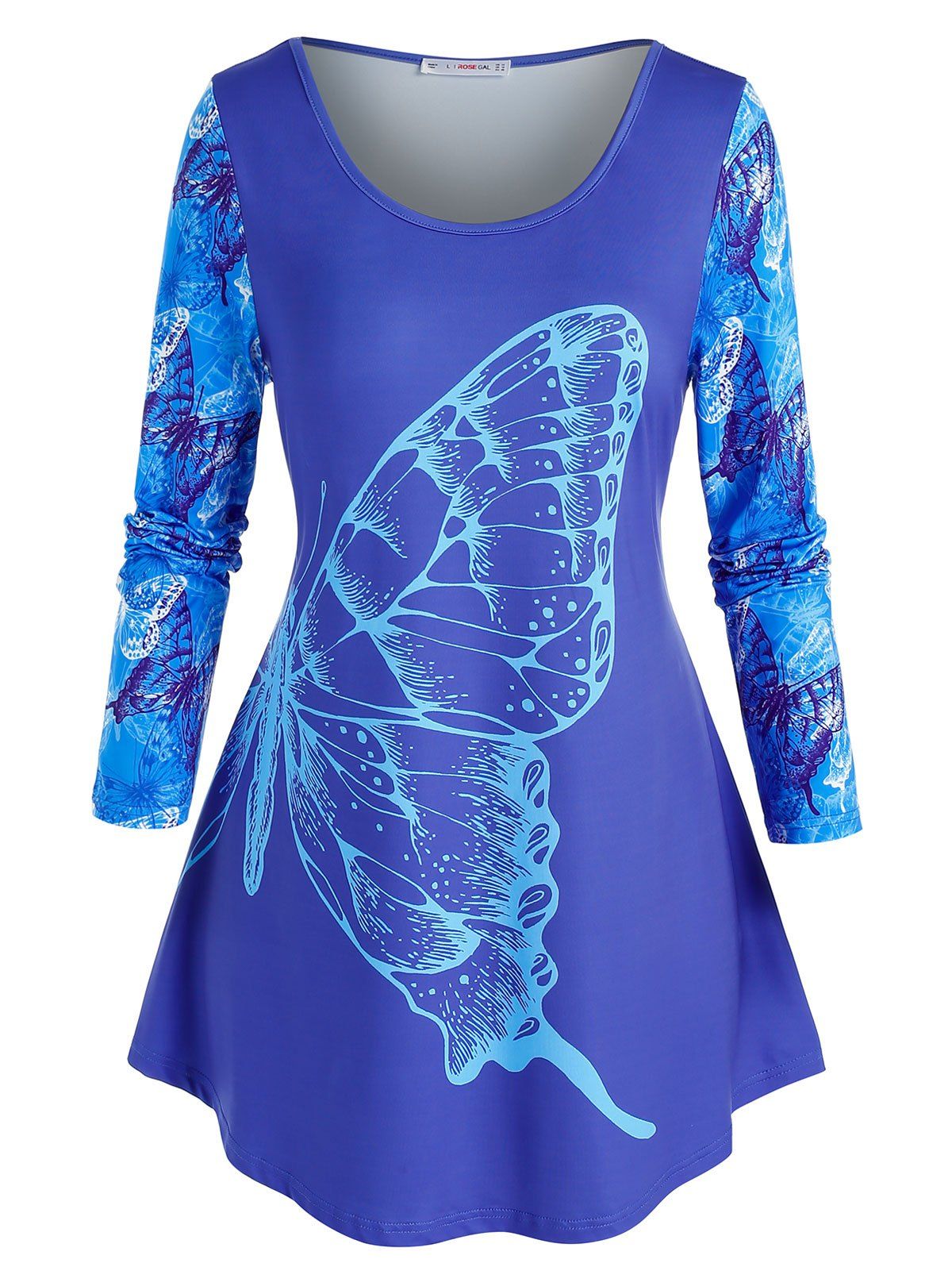 T-shirt Tunique à Motif Papillon à Manches Longues de Grande Taille - Bleu 2X