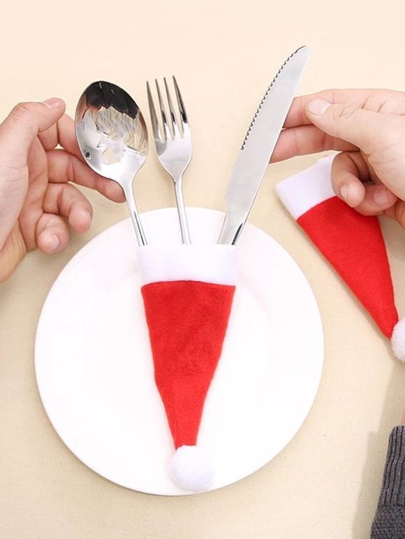 Couverture de Vaisselle Couteau de Noël en Forme de Bonnet et Fourchette - Rouge 
