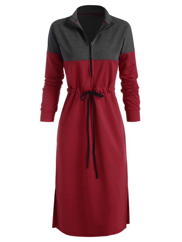 Robe Mi-Longue Bicolore Contrastée Fendue à Cordon - Rouge L