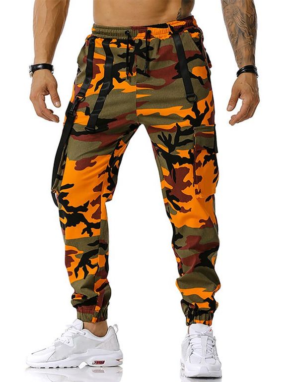 Pantalon Cargo à Bretelle à Imprimé Camouflage à Cordon - Orange L