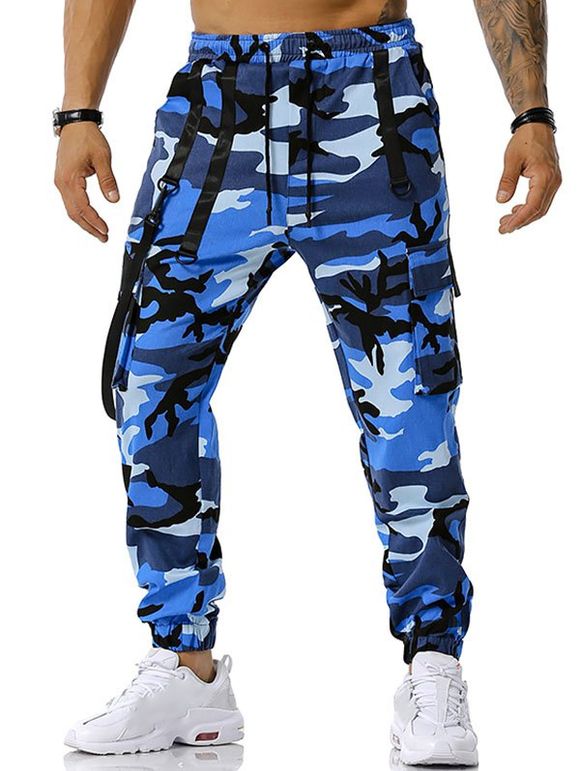 Pantalon Cargo à Bretelle à Imprimé Camouflage à Cordon - Bleu XL