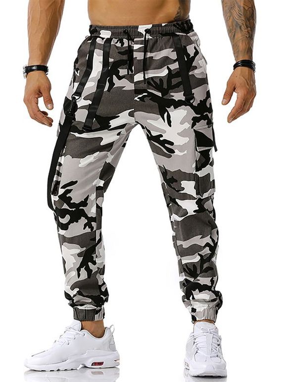 Pantalon Cargo à Bretelle à Imprimé Camouflage à Cordon - Gris XXXL