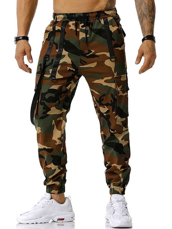 Pantalon Cargo à Bretelle à Imprimé Camouflage à Cordon - Vert Armée XXL