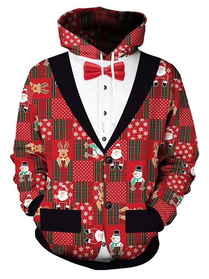 Fuax Tuxedo Christmas Pattern Hoodie - RED XXL