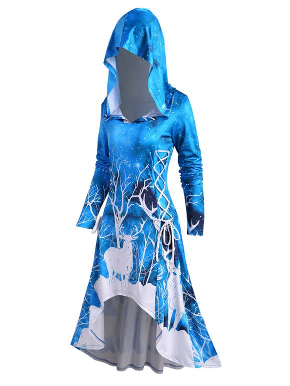 Robe à Capuche Haute Basse Cerf de Imprimé Noël à Lacets - Bleu L