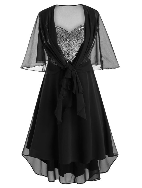 Robe Asymétrique Pailletée Grande Taille avec Capelet en Maille - Noir L