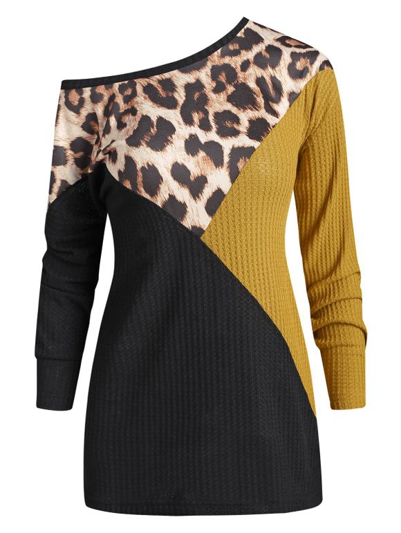Leopard Contrast Mixed Media Drop Shoulder Knitwear - BLACK M