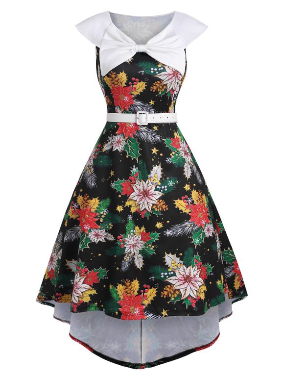 Christmas Party Dress High Low Midi Dress Bowknot Plant Floral Print Belted High Waist Sleeveless Vintage Dress - BLACK L