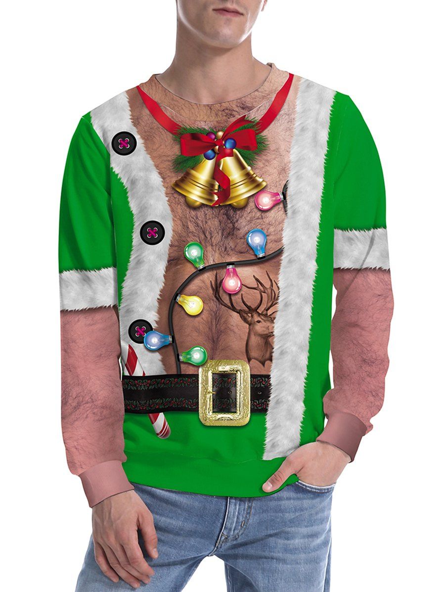 Sweat-shirt à Imprimé Guirlande Lumineuse Cloche de Noël - Vert XL