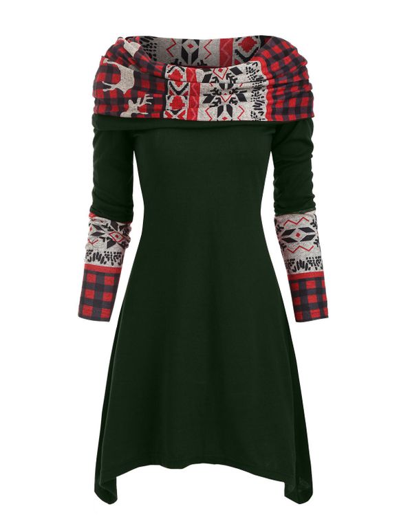 Elk Plaid Knitted Multiway Asymmetrical Dress - DARK GREEN 3XL