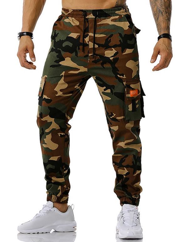 Pantalon Cargo Camouflage Applique Texte Imprimé - Vert Armée XXXL