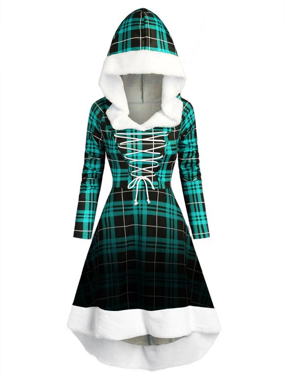 Robe à Capuche Haute Basse à Carreaux en Fausse Fourrure à Lacets - Bleu Vert Ara 2XL