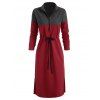 Robe Mi-Longue Bicolore Contrastée Fendue à Cordon - Rouge L