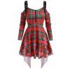 Christmas Plaid Snowflake Cold Shoulder High Low Top - RED M