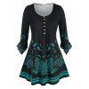 T-shirt Long Motif de Cachemire à Demi-Patte de Boutonnage de Grande Taille à Volants - Noir 4X