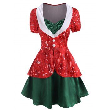 

Christmas Ruched Mock Button 3D Rhinestone Print Twofer Dress, Red
