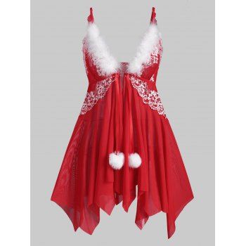 

Christmas Lace and Mesh Feather Trim Front Closure Babydoll Set, Red