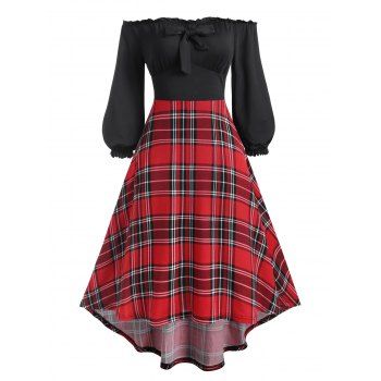 

Off Shoulder Frilled Plaid High Low Jersey Dress, Black