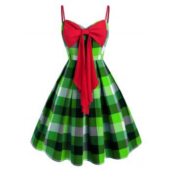 

Bowknot Plaid Cami Plus Size Mini Dress, Green