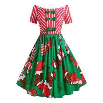 

Plus Size Off The Shoulder Bowknot Christmas Print Dress, Red