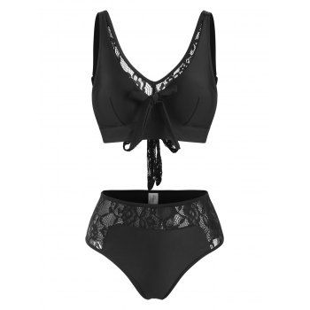 

Lace Panel Sheer High Waisted Tankini Swimwear, Black