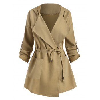

Hooded Roll Tab Sleeve Pocket Jacket, Light coffee