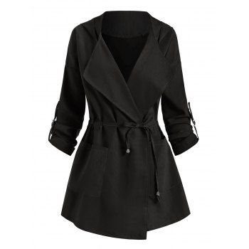 

Hooded Roll Tab Sleeve Pocket Jacket, Black
